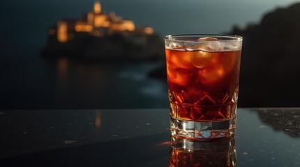Portuguese national drink elegantly presented on a reflective black surface