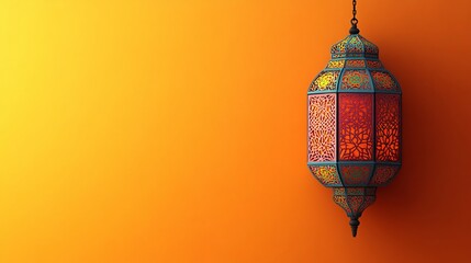 Obraz premium Artistic paper cut-style Islamic lantern with colorful geometric patterns on a bright orange background, leaving space for text at the bottom.
