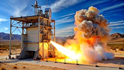 A rocket engine test stand firing in a desert testing facility