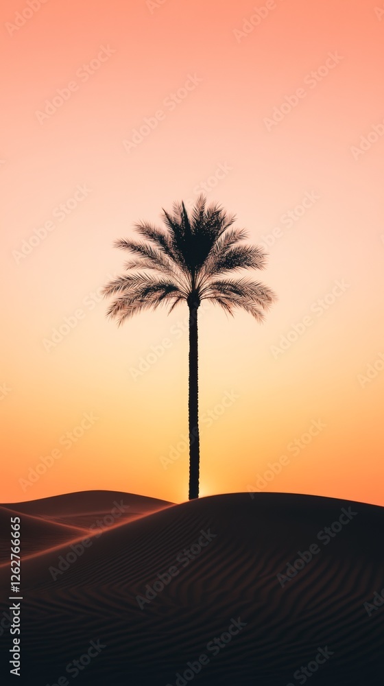 Poster silhouette of a palm tree growing on a sand dune in the desert at sunset, creating a peaceful and ev