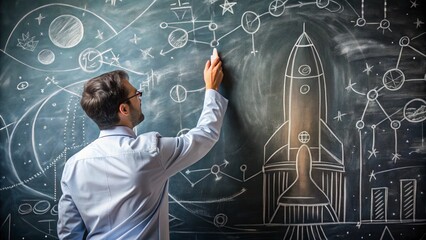 A scientist writing complex rocket equations on a chalkboard