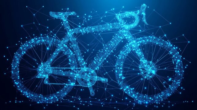 Abstract Bicycle on Blue Background. Eco Friendly Transport Icon in Lines, Connected Dots, Triangles