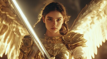 Angelic warrior woman, golden armor, sword, wings, dramatic lighting, fantasy, power, strength, courage, divine.