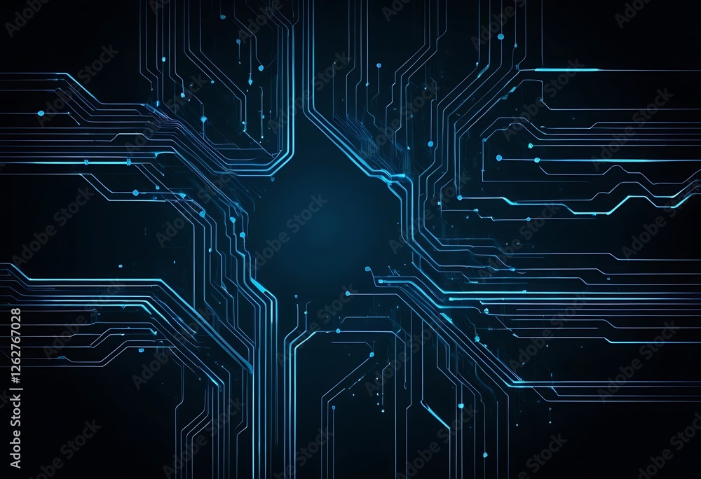 Poster futuristic circuit board design with glowing blue lines and data flow