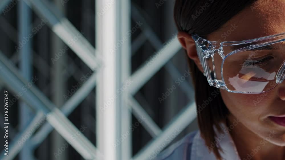 Poster a scientist in a lab coat examines a test tube in a bright laboratory. side angle captures the resea