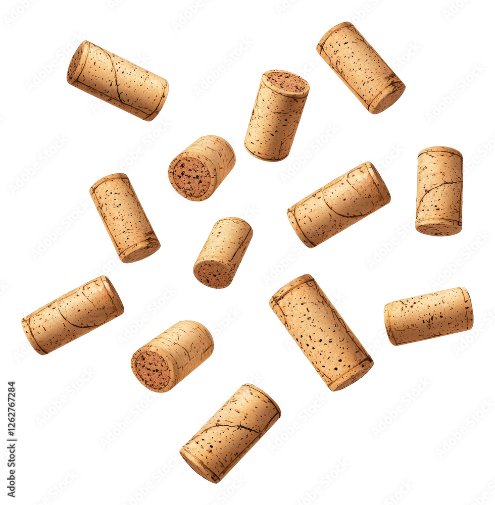 Poster pile of wine corks in a random arrangement isolated on black a transparent background