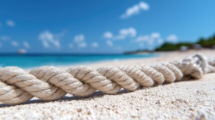 Fototapeta premium Twisted rope on sandy beach, turquoise water, sunny sky. Possible use Travel postcard, vacation brochure