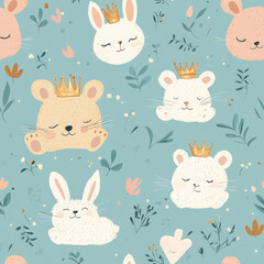 A cute stuffed animal kingdom pattern with talking teddy bears, fluffy bunnies, and sleepy kittens wearing tiny crowns