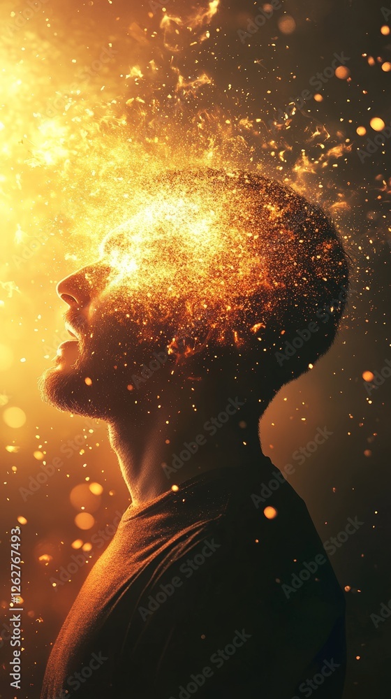 Aufkleber Man experiencing burnout with his head exploding in a shower of sparks and light, a conceptual image depicting stress, information overload, and mental health challenges