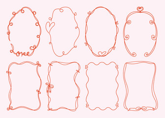 Set of simple and whimsical  hand drawn border and frames illustrations for Valentine's Day, weddind,invitation, card,cover, banner, poster and more