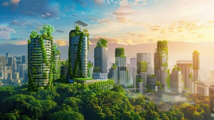 Obraz premium Eco-Friendly City with Vertical Gardens and Sustainable Skyscrapers