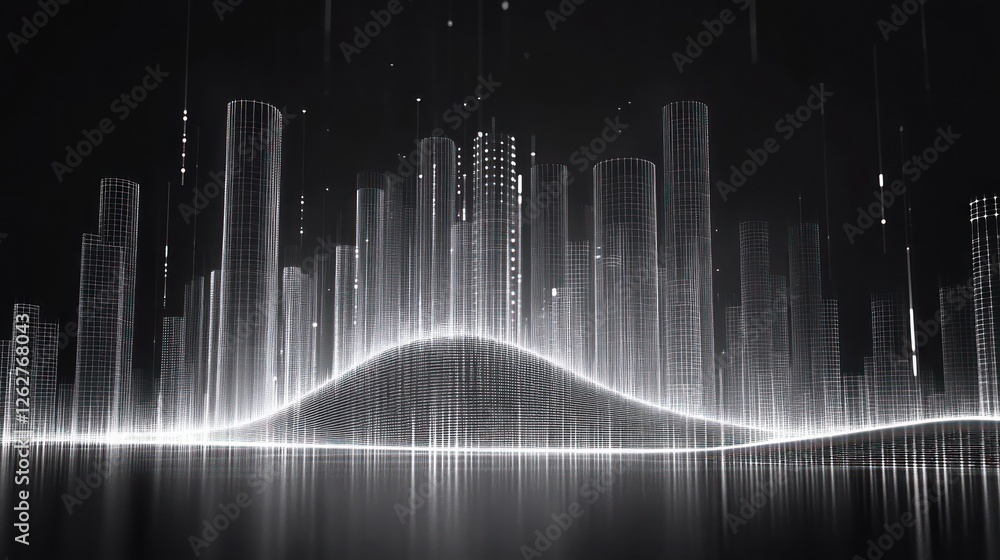 Poster abstract representation of a futuristic city skyline with dynamic light patterns and sound waves, cr