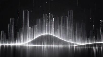 Fototapeta premium Abstract representation of a futuristic city skyline with dynamic light patterns and sound waves, creating a vibrant digital atmosphere