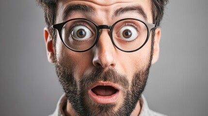 Man with glasses displays surprise and disbelief in a studio setting, conveying raw emotions. Generative AI