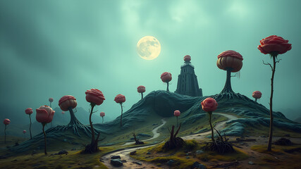 A surreal landscape with floating islands covered in giant, glowing mushrooms under a starry night sky. Mystical aura, ethereal light, dreamlike composition.