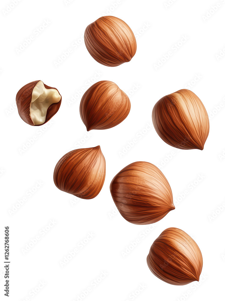 Poster scattered hazelnuts on a transparent background with transparent elements detailed close up