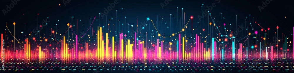 Poster dynamic financial display line graphs and bar chart in vibrant gradient colors on dark background
