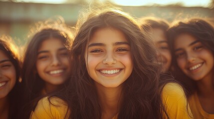 Happy teenage girls smiling together outdoors in sunlight.