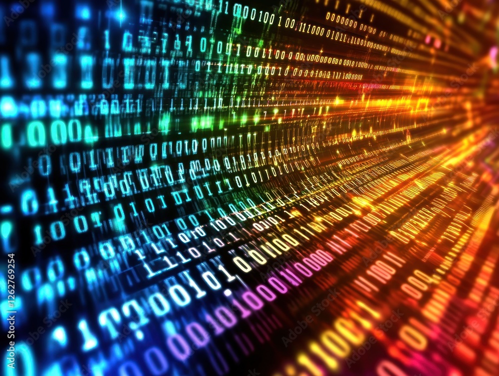 Poster colorful digital binary code flowing in vibrant waves