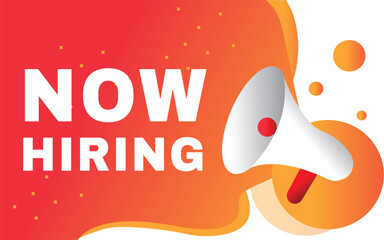 Now hiring banner element vector illustration modern template for retail promotion design. Speech bubble icon megaphone.