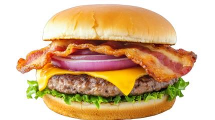 close up of a burger with meat, cheese, onion, tomato and lettuce on a transparent background, PNG image, PNG file, Generative art.
