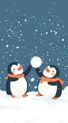 Fototapeta premium Two penguins playing with a snowball in the snow.