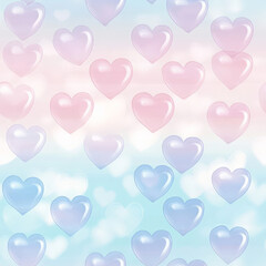 A seamless gradient pattern of floating transparent hearts, softly fading into a dreamy pastel sky. A delicate and magical look for children's decor