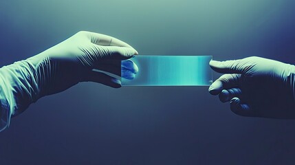 Gloved Hands Examining a Microscope Slide with a Sample