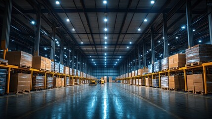 Fototapeta premium Warehouse interior, stacked boxes, forklift, well-lit, industrial use