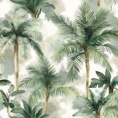Seamless Tropical Watercolor Pattern with Palm Trees Exotic Leaves Geometrical Gold Elements