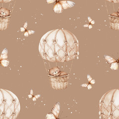 Seamless pattern with bear and hot air balloon. Background with teddy.