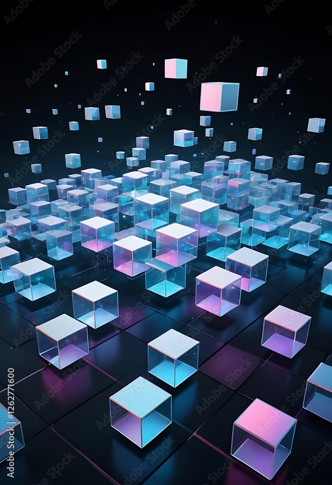 Aufkleber iridescent geometric pattern, abstract floating cubes in a dark void