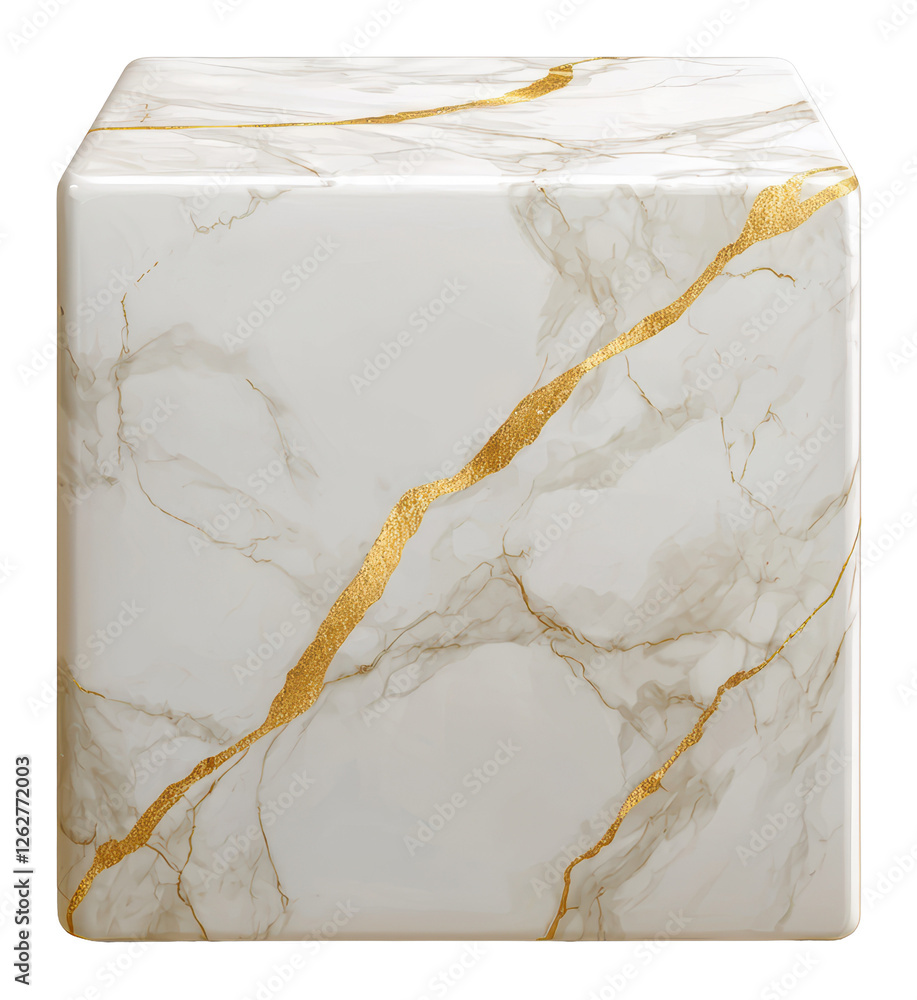 Poster white marble cube texture with gold veins in kintsugi style on transparent background
