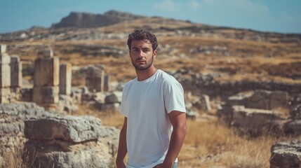 Greek Island Exploration Photography: Middle Eastern Traveler Portrait Discovering Timeless Mediterranean Heritage Amid Sunlit Shores.