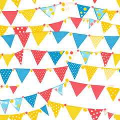 A celebratory birthday banner pattern with triangle bunting flags in bright primary colors