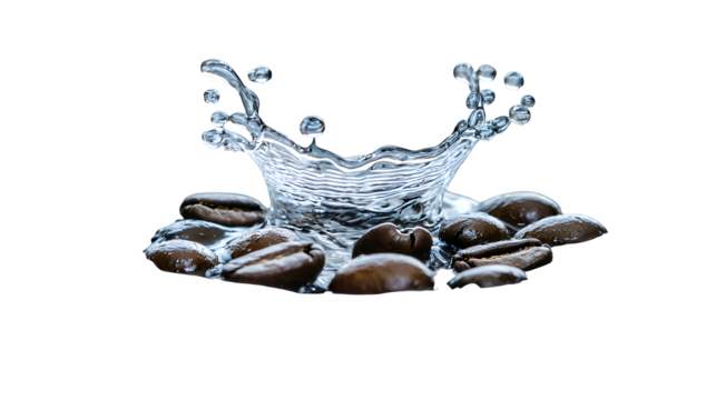coffee beans falling into water with a transparent background, PNG image, PNG file, Generative art.