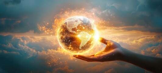 Hand of Businessman Touching Global Network Data Exchange with Sunset Background Business Communication Technology Science Innovation Concept