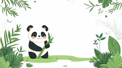 Fototapeta premium Cute Cartoon Panda Holding Bamboo Surrounded by Green Plants