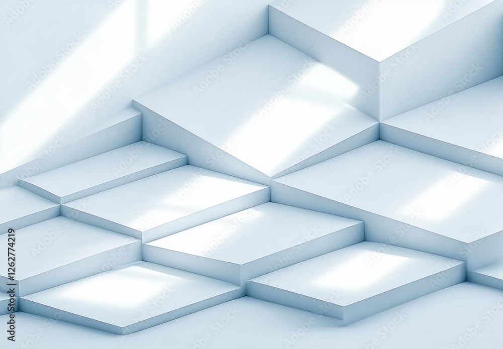 Poster minimalist abstract composition of overlapping white rectangles with soft lighting and elegant desig