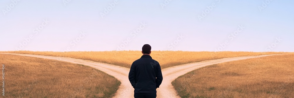 Poster businessman standing at a crossroad deciding which way to go, facing a choice between two different 