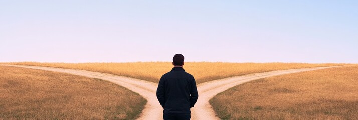 Businessman standing at a crossroad deciding which way to go, facing a choice between two different directions, making a decision about future career and business opportunities