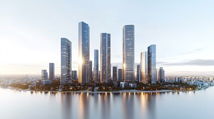 Fototapeta premium Modern City, financial Downtown, business centre with skyscrapers and office buildings at sunset and reflection in water