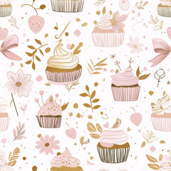A soft pink and gold birthday pattern featuring delicate florals, ribbons, and fancy cupcakes