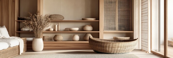 Wooden Shelving Displays Natural Decor and Woven Baskets