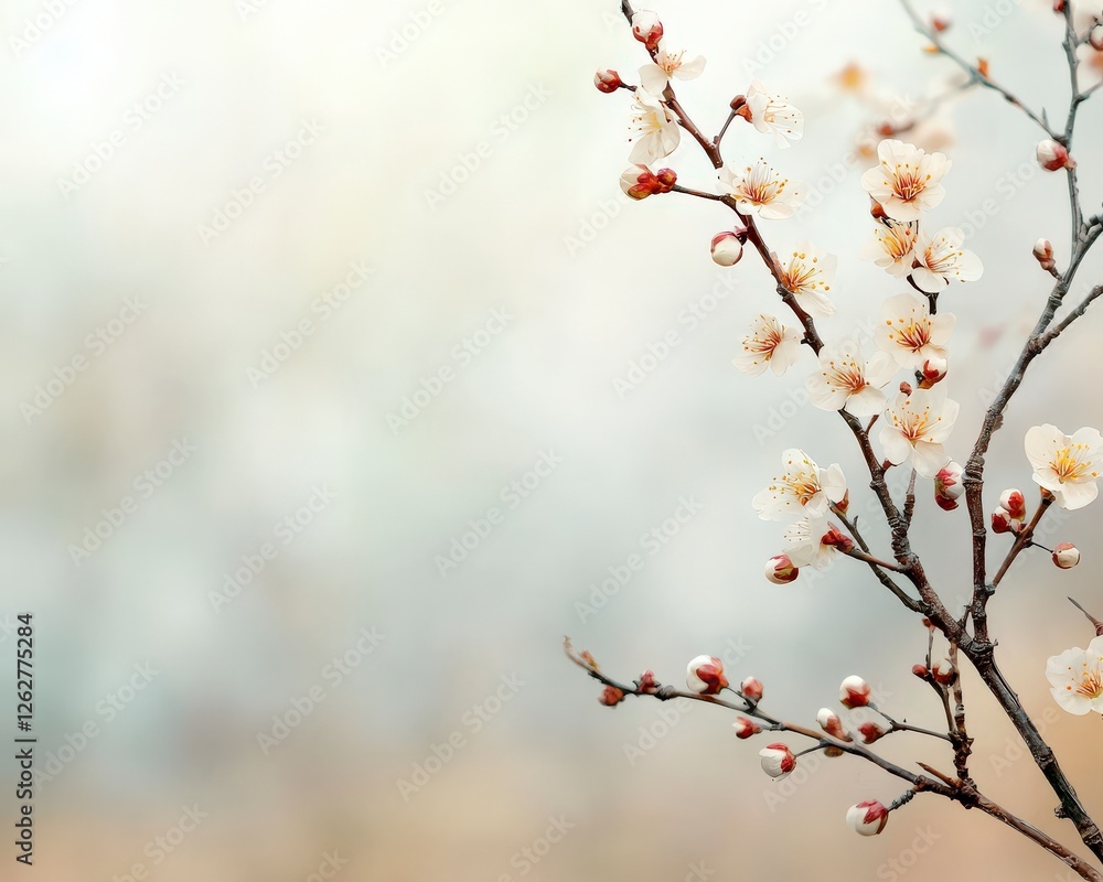 Poster delicate blossoms of cherry tree with soft background and gentle colors in spring atmosphere