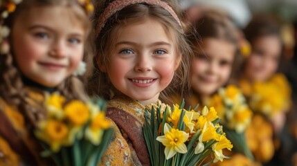 Happy Girls in traditional Welsh costumes holding bouquets of daffodils and looking at the camera. Concept St. David's Day, symbol of the holiday, spring renewal