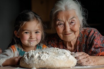 Caucasian grandmother and granddaughter prepare homemade bread in the kitchen, happy women looking at camera. Concept: Relationships between generations, traditions, family