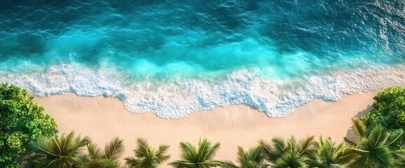 Aerial View of Turquoise Water and Sandy Beach with Palm Trees