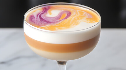 Stylish Layered Cocktail with Swirled Purple and Orange Garnish on Marble Table Against Dark Backdrop