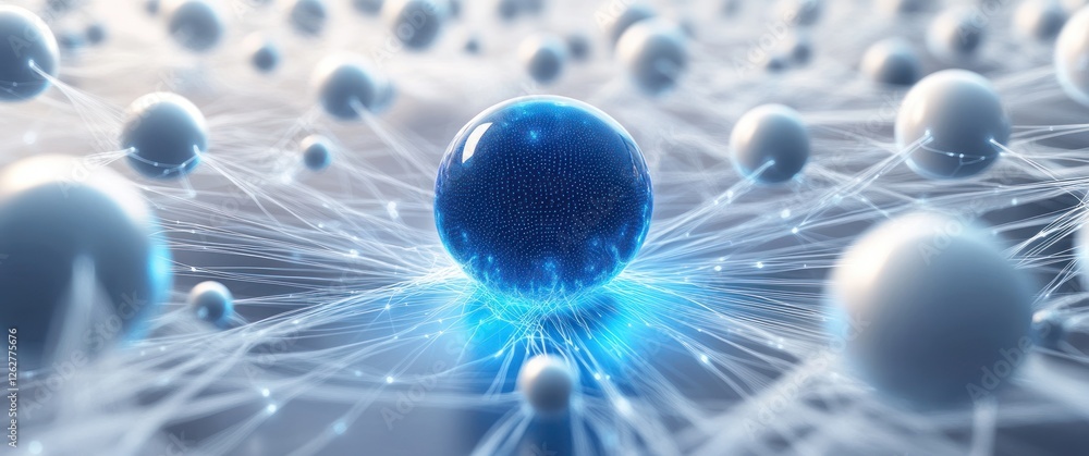 Poster 3d blue sphere and white spheres network structure abstract design for technology and connection